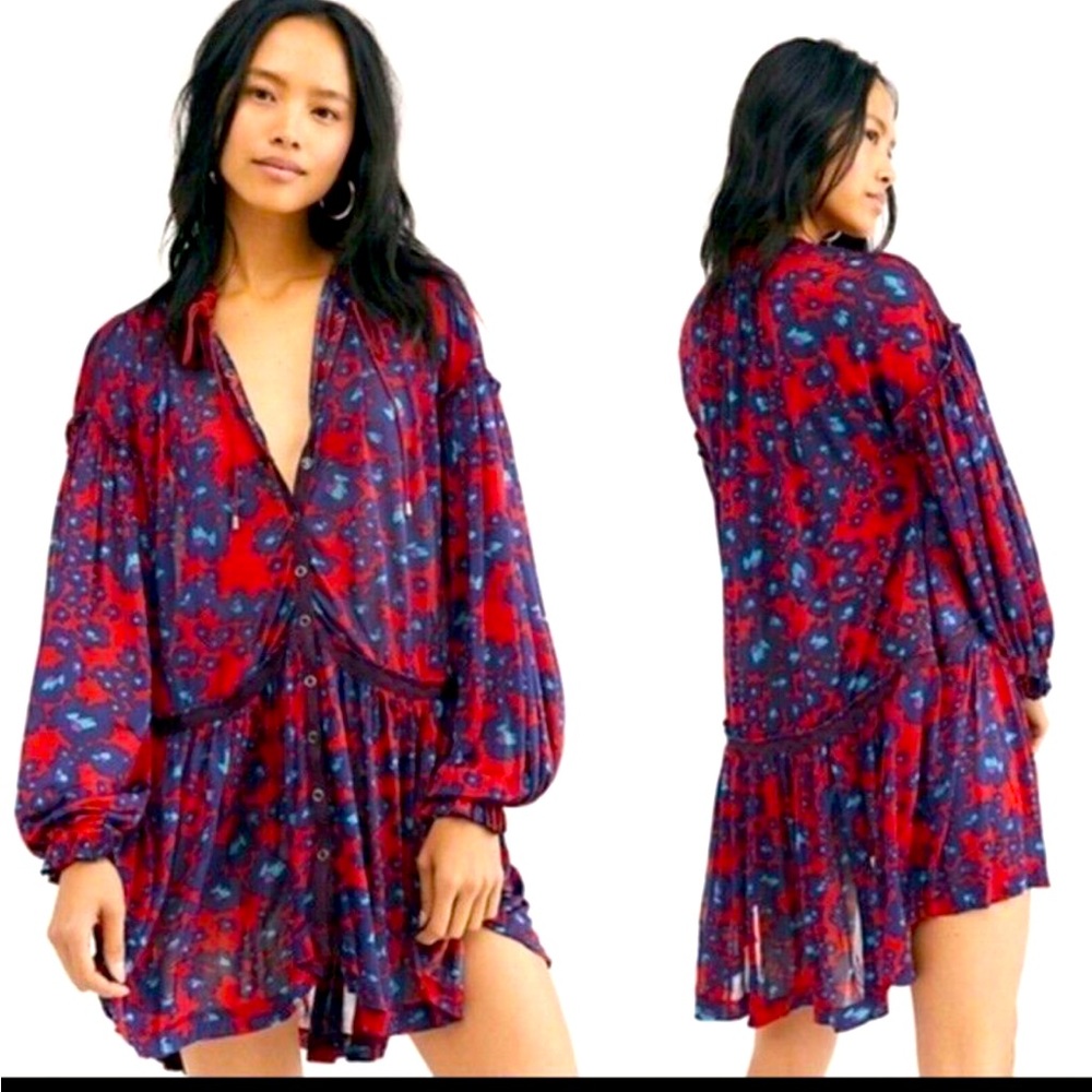 Free People Love Letter Tunic size Large Floral Dress Top Red and Blue